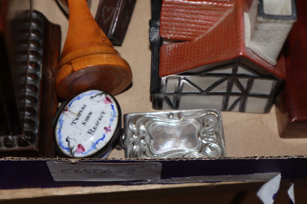 A mixed group of collectables including a Black Forest bear candlesticks, a metronome, etc.